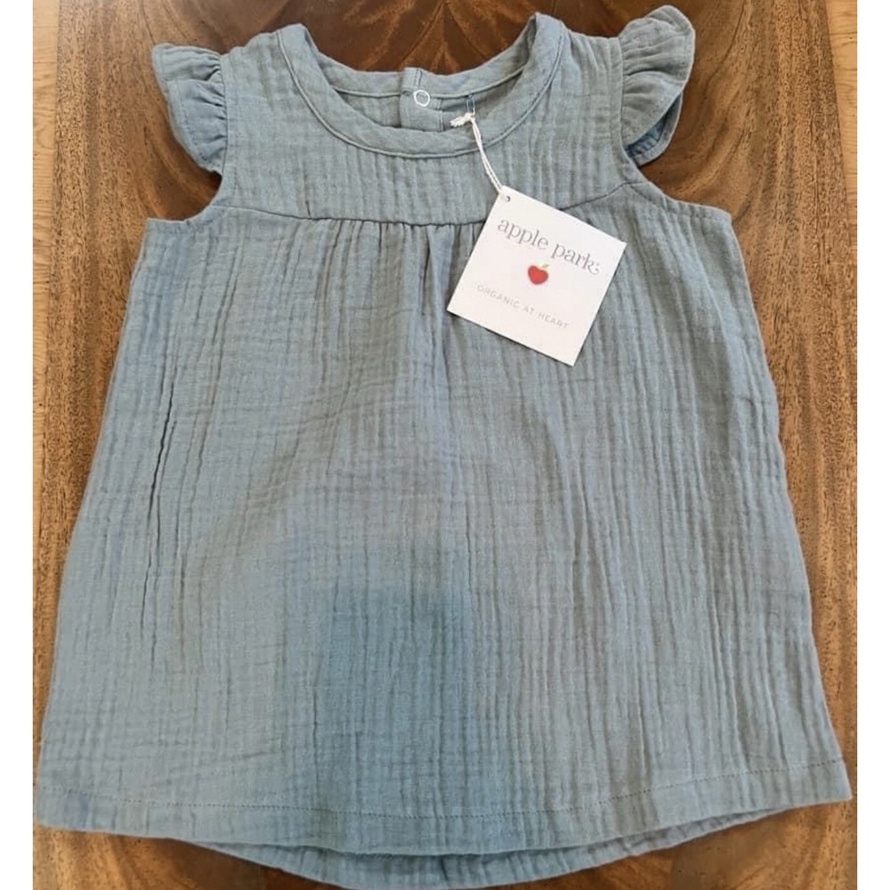 Apple Park Organic Cotton Muslin Dress Flutter Sleeve Dusty Blue 6-12M NWT